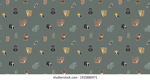 Seamless pattern of cartoon cute baby rhinos, western gorillas, boas constrictor, okapis, South American noses, tapirs, rainbow toucans, spider monkeys, gray parrots, leopards. Gray background. Vector