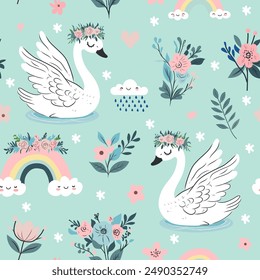 Patrón sin fisuras con dibujos animados lindo cisne bebé, flores suaves, arco iris y nubes. Adorable textura con lindas aves. textura del Vector