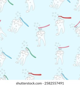 Seamless pattern of cartoon cute baby molars, with colorful dental abrasions, and dental foam on a blue background. hand drawn. vector