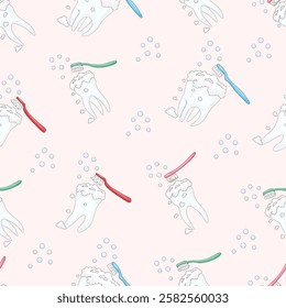 Seamless pattern of cartoon cute baby molars, with colorful dental abrasions, and dental foam on a pink background. hand drawn. vector