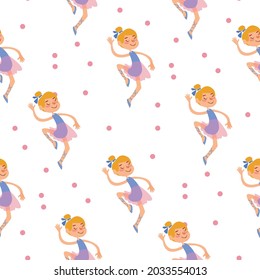 Seamless pattern with cartoon cute ballerinas in a pink dress on a white background. Children s drawing hand-drawn with girls in the style of Scandinavian minimalism. Vector illustration for kids.