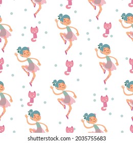Seamless pattern with cartoon cute ballerinas and pink cats on a white background. Children s drawing hand-drawn with kittens and girls in the style of Scandinavian minimalism. Vector illustration.