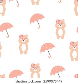 Seamless pattern cartoon cute bear and pink umbrella. cute animal wallpaper illustration for gift wrap paper
