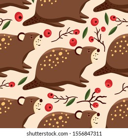 Seamless pattern with cartoon cute beaver forest vector animal in a flat style. Woodland hand drawing funny nature illustration with funny animal and red berries.