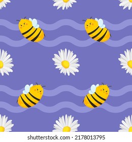 Seamless pattern with cartoon cute bee and daisies. Bee, bumblebee for children's goods