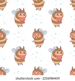 Seamless pattern with Cartoon cute bee in love for Valentine's Day isolated on white background vector illustration