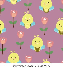 Nahtloses Muster Cartoon süße Bienen und Tulpen Blumen und Blätter. Botanische Tapete für Textilien, Geschenkpapier