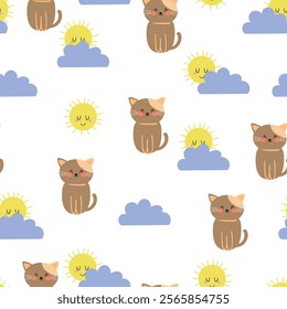 Seamless pattern cartoon cute brown cat and yellow sun and blue clouds. cute wallpaper and animals background for gift wrap paper