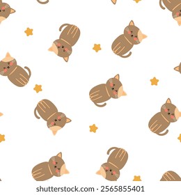 Seamless pattern cartoon cute brown cat. cute wallpaper and animals background for gift wrap paper