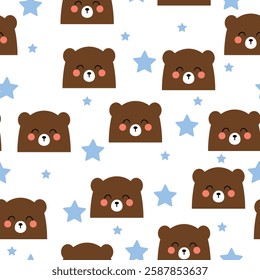 Seamless pattern cartoon cute brown bear and stars. cute wallpaper and animals background for gift wrap paper