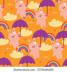 seamless pattern cartoon cute bunny flying with purple umbrella. cute animal wallpaper with cute sky element. yellow sky and rainbow