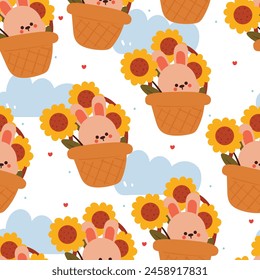 seamless pattern cartoon cute bunny inside a basket. cute animal drawing for wallpaper and background