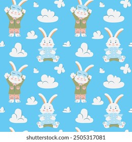 Seamless pattern with cartoon cute bunny wearing pajamas and holding pillows, surrounded by clouds on a blue background. Cute animals in sleeping clothes. Flat illustration.