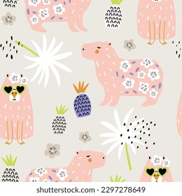 Seamless pattern with cartoon cute capybara animal. Summer texture with funny animal. Vector texture