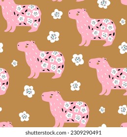 Seamless pattern with cartoon cute capybara animal. Summer texture with funny animal. Vector texture