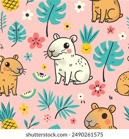 Seamless pattern with cartoon cute capybara animal, palm, monstera leaves, pineapple. Summer texture with funny animal. Vector texture