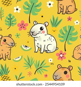 Seamless pattern with cartoon cute capybara animal, palm, monstera leaves, pineapple. Summer texture with funny animal. Vector texture