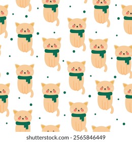 Seamless pattern cartoon cute cat wearing a green scarf. cute wallpaper and animals background for gift wrap paper