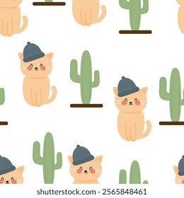 Seamless pattern cartoon cute cat wearing a hat and cute cactus tree. cute wallpaper and animals background for gift wrap paper
