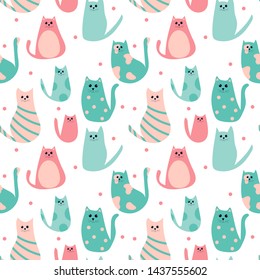 Seamless pattern with cartoon cute cats. Art can be used for print, poster, packing. 