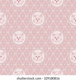 Seamless pattern with cartoon cute cat`s faces in round frame in pink colors. Background with bows and hearts.