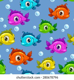 Seamless pattern with cartoon cute colorful fishes