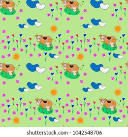 Seamless pattern.  
 Cartoon cute cow in the meadow.  Summer sunny day.  Vector cover design for natural milk. 