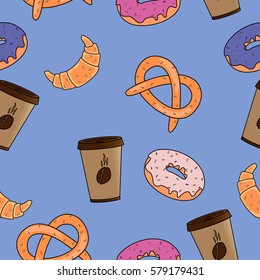 Seamless pattern with cartoon cute croissants, donuts, pretzels and coffee on blue background.