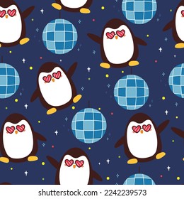 seamless pattern cartoon cute dancing penguin. cute animal wallpaper with disco ball for gift wrap paper