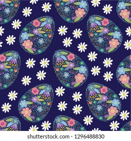 Seamless pattern with Cartoon cute decorative easter eggs and flowers camomile . Vector illustration