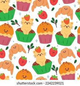 seamless pattern cartoon cute dessert character. cute food wallpaper for textile, gift wrap paper