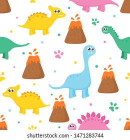 seamless pattern with cartoon cute dinosaur for kids. animal on white background. vector illustration. 
