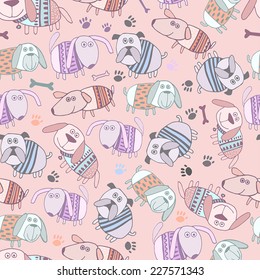 Seamless pattern with cartoon cute dogs on pink background in vector.