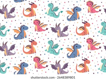 Seamless pattern Cartoon cute dragon set. Vector 