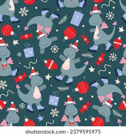Seamless pattern with cartoon cute dragons on skates. Winter print with snowflakes, gifts, holiday decorations, fantasy animal, dinosaurs. Vector graphics.