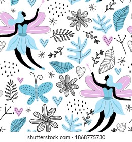 Nahtlose Muster mit Cartoon süße Fee, Schmetterling, Blumen, lassen und Liebe einzeln auf weißem Hintergrund. Stoffdesign für Mädchenkunst, Wallpaper, Drucke. Vektorgrafik-Kinderillustration