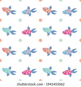 Seamless pattern of cartoon cute fish on white background for wallpaper, wrapping and textile. Colorful sea animals repeat fabric flat vector.