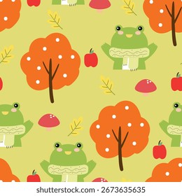 Nahtloses Muster Cartoon niedlichen Frosch mit Herbst Stimmung. süße Herbst Herbst Tapete für Stoffdruck, Geschenkverpackung