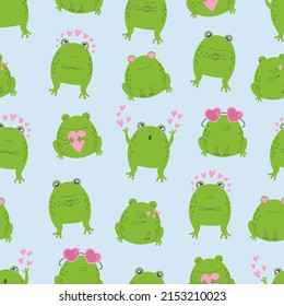 Seamless pattern with cartoon cute frogs in love. Decor with green amphibians for textiles, wallpaper, paper