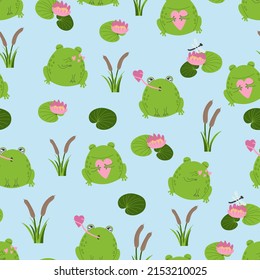 Seamless pattern with cartoon cute frogs and water lilies and reeds. Decor with green amphibians for textiles, wallpaper, paper