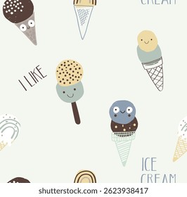 Seamless pattern with cartoon cute ice-creams. Illustration colored vector with a backdrop. Use for wallpaper, pattern fills, web page background.