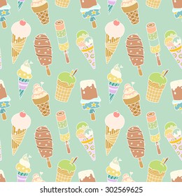 Seamless pattern with cartoon cute  ice-creams. Hand-drawn colored vector with blue backdrop. Use for wallpaper, pattern fills, web page background.