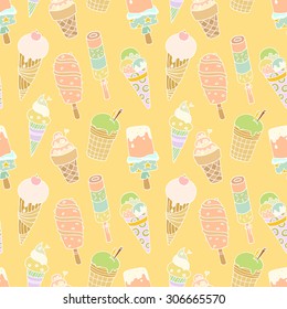 Seamless pattern with cartoon cute  ice-creams. Hand-drawn colored vector with yellow backdrop. Use for wallpaper, pattern fills, web page background.