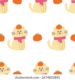 Seamless pattern cartoon cute kitten wearing scarf and pumpkin with autumn vibes. cute autumn fall wallpaper for fabric print, gift wrapper