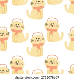 Patrón sin costuras de dibujos animados lindo gatito usando elemento de invierno para Navidades y Fondo de pantalla de invierno