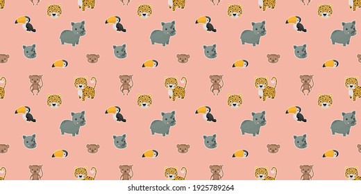 Seamless pattern of cartoon cute leopards, rainbow toucans, spider monkeys, and their faces with white outlines like stickers on a pink background. Digital paper. Vector.
