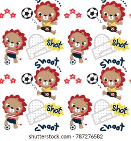 Seamless pattern, Cartoon cute lion playing soccer ball on field isolated on white background illustration vector.