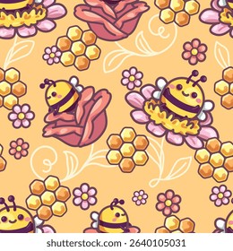 Seamless pattern cartoon of cute little bees in flowers and honeycombs. It is a kawaii character cartoon. Pattern design for wrapping paper, wallpaper and fashion prints.