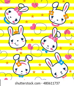 Seamless pattern, cartoon cute little rabbit girl with heart on lined background illustration vector.