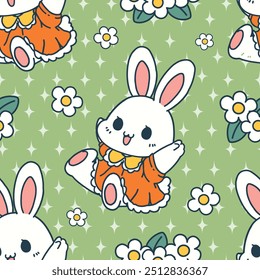 Seamless pattern cartoon of cute and lively rabbit with small flowers and sparkles. It's a pattern that looks feminine. Pattern design for fabric, wrapping paper, wallpaper and fashion prints.